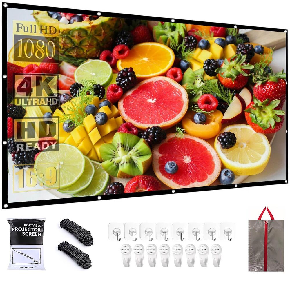 72 Inch Projector Movie Screen for Outdoor Indoor, 8 Sticky Hooks & 8 Nail Hooks